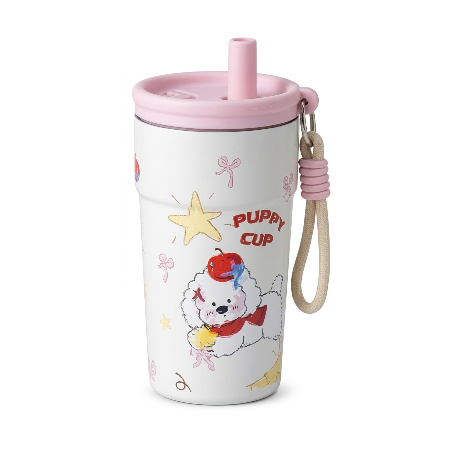 Start your day with a smile. Our new 'Puppy Cup' insulated tumbler features premium stainless steel insulation and an ultra-cute lanyard for on-the-go sipping. Close-up product view of a kawaii-style insulated travel tumbler on a white background. The tumbler is matte white and features a cartoon dog with blue headphones, polka-dot scarf, and denim dress, with the text 'NICE DIAY' and 'HAPPY.' above and below. It has a matte pink lid with an extended straw and a natural braided lanyard cord attached to a metal loop.