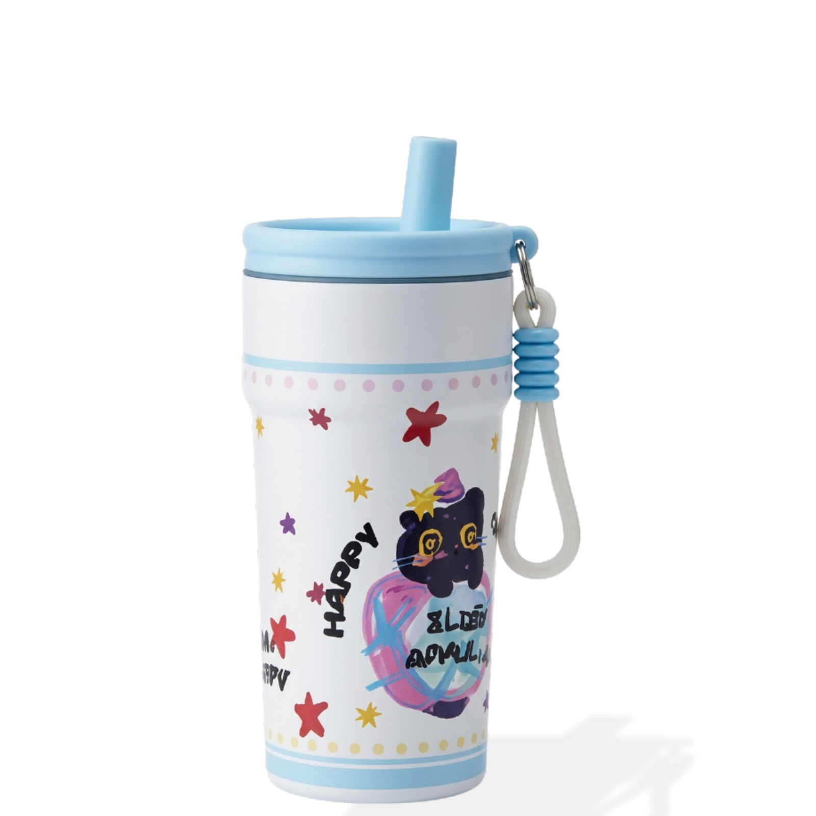 Complete "Happy Cat" tumbler set in light blue — includes insulated tumbler, straw lid, hollow infuser basket, extra straw, and carrying straps. Light blue and white kawaii insulated stainless steel tumbler product set on a clean white studio background. The tumbler features a cute cartoon black cat, colorful stars, and light blue trim, surrounded by its accessories including a light blue straw lid, open stainless steel cup interior, hollow white slotted infuser cylinder, loose straw, and light blue shoulder strap.