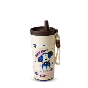 Close-up product view of a kawaii-style insulated travel tumbler. The tumbler is matte beige and features a cartoon dog with blue headphones, polka-dot scarf, and denim dress, with the text 'NICE DIAY' and 'HAPPY.' above and below. It has a matte brown lid with an extended straw and a natural braided lanyard cord attached to a metal loop. The background is pure white.