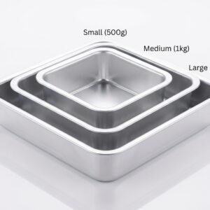 Culinara HoReCa Collection set of 3 nesting square aluminium cake moulds with wide flat extended safety rims labelled Small 500g, Medium 1kg, and Large 1.5kg on a white background.