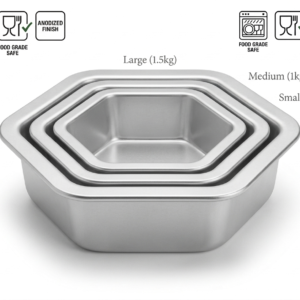 Culinara HoReCa Collection set of 3 nesting hexagon aluminum cake molds labeled Small 500g, Medium 1kg, and Large 1.5kg on a white background with feature icons for dishwasher safe, food grade safe, and anodized finish.