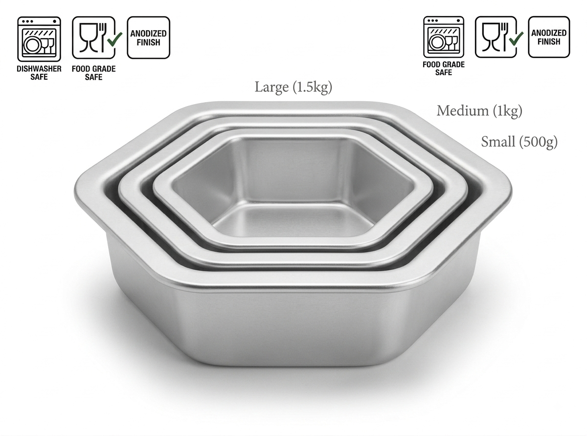 Culinara HoReCa Collection 3-Piece Commercial Hexagon Cake Mold Set (500g, 1kg, 1.5kg) — ideal for multi-tiered baking and commercial pastry presentation. Culinara HoReCa Collection set of 3 nesting hexagon aluminum cake molds labeled Small 500g, Medium 1kg, and Large 1.5kg on a white background with feature icons for dishwasher safe, food grade safe, and anodized finish.