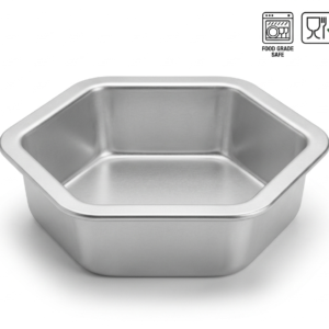 Culinara HoReCa Collection set of 3 nesting hexagon aluminum cake molds labeled Small 500g, Medium 1kg, and Large 1.5kg on a white background with feature icons for dishwasher safe, food grade safe, and anodized finish.