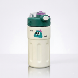 Culinara 500ml kids insulated stainless steel tumbler in cream with a green lid, purple accents, cute teal dino graphic, and reflective base shadow on a plain white background.
