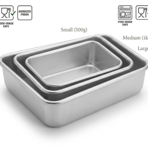 Culinara HoReCa Collection set of 3 nesting rectangular aluminum cake molds labeled Small 500g, Medium 1kg, and Large 1.5kg on a white background with feature icons for dishwasher safe, food grade safe, and anodized finish.