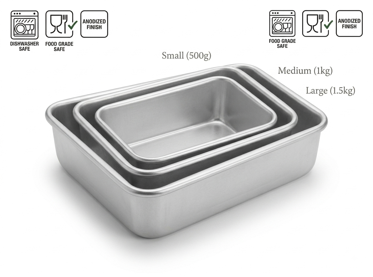 Culinara HoReCa Collection 3-Piece Commercial Rectangular Cake Mold Set (500g, 1kg, 1.5kg) — essential heavy-duty aluminum pans for professional baking and catering. Culinara HoReCa Collection set of 3 nesting rectangular aluminum cake molds labeled Small 500g, Medium 1kg, and Large 1.5kg on a white background with feature icons for dishwasher safe, food grade safe, and anodized finish.