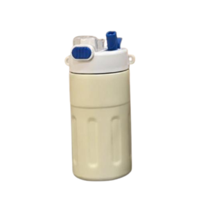 Culinara 500ml cream kids insulated stainless steel tumbler with white and dark blue flip-top straw lid and vertical ridged grips on a clean plain white background.