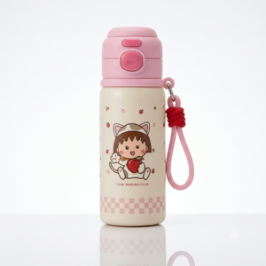 Culinara kids Chibi Maruko-Chan insulated stainless steel water bottle in cream and pink with carrying strap on a plain white background.