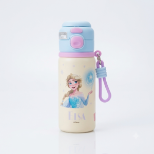 Culinara kids Disney Frozen Elsa insulated stainless steel water bottle with pastel blue lid and purple carrying strap on a plain white background.