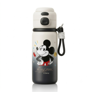 Culinara kids Disney Mickey Mouse insulated water bottle with black and white ombre design and carrying strap on a plain white background.