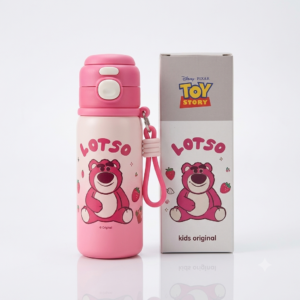 Culinara kids Disney Pixar Lotso insulated stainless steel water bottle in pink with matching product box on a plain white background.
